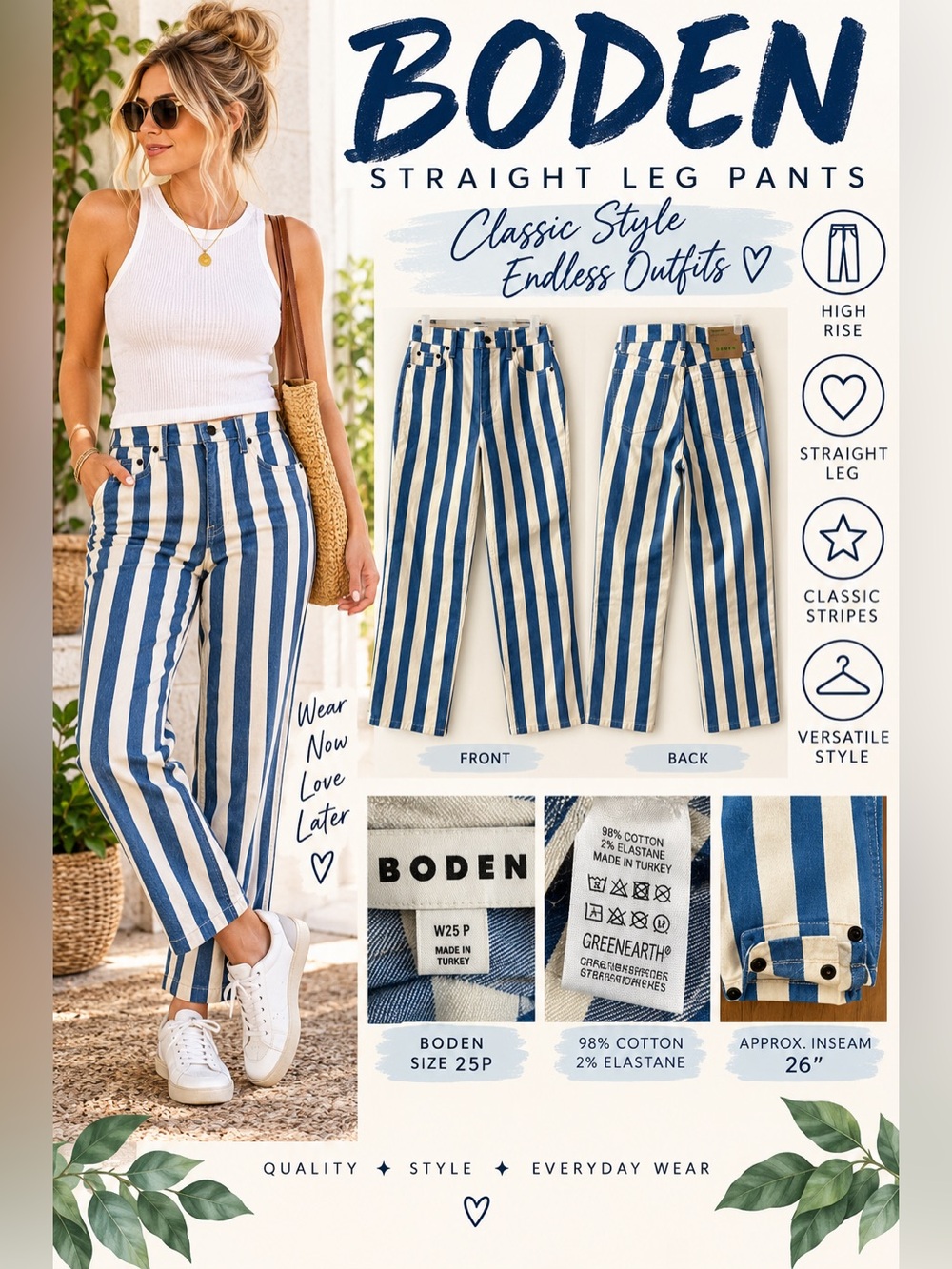NWT Boden Blue & White Vertical Stripe Straight Leg Pants